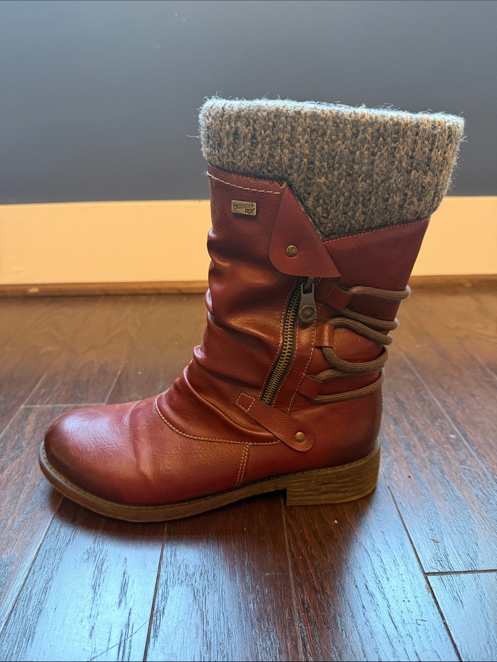 Remonte Red Leather Mid-Calf Boot with Gray Knit Cuff